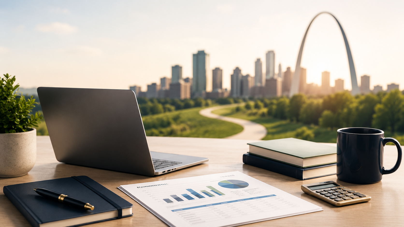 Modern office workspace with financial reports, laptop, calculator, and notebook overlooking the St. Louis skyline, representing proactive tax planning for small businesses.
